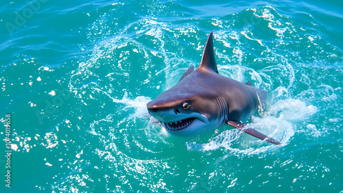 A menacing great white shark swims powerfully through the ocean's surface, its sleek gray body and sharp fins slicing through the sunlight-dappled turquoise water.