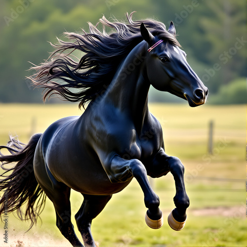 Majestic black horse in full gallop, mane and tail flowing in the wind, hooves pounding the ground, powerful