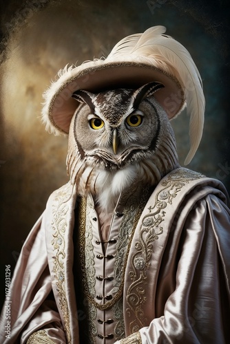 A Regal Owl of the Medieval Court: A Rich, Shakespearean Painting of Wisdom and Splendor