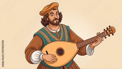 minstrel lute trubadour vector. troubadour music, instrument ancient, musical renaissance minstrel lute trubadour web flat cartoon illustration