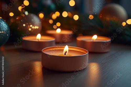 A cozy scene featuring a row of burning tealight candles, casting a soft and warm glow. 