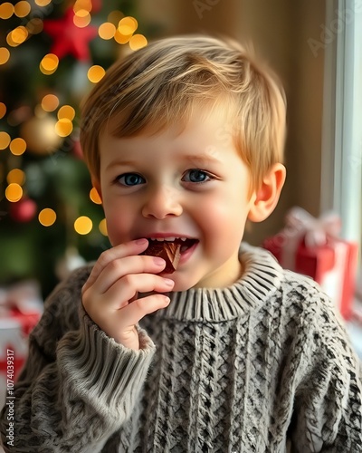 petit enfant qui mange un chocolat de Noël