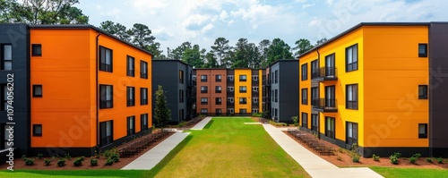 A vibrant multi-family housing complex featuring bold orange and black buildings set against a green landscape and blue sky.