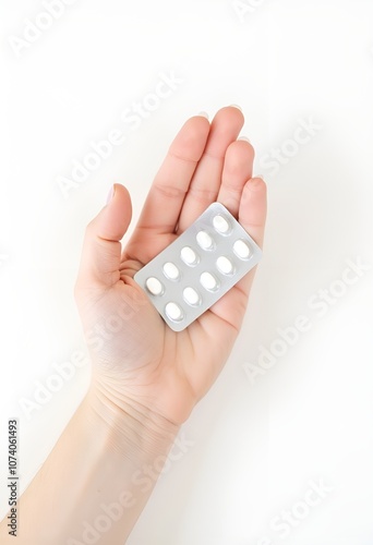 Blister of white tablets on the palm