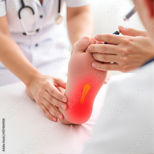 Heel pain illness or Plantar Fasciitis in feet of woman patient who having medical exam with orthopaedic doctor on aching tendon, inflammation or disorder of the connective tissue on foot and toe