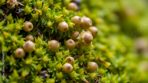 Moss with seed capsules, spore capsules, natural monument Hutewald Am Halloh, near Albertshausen, macro photo, close-up, Kellerwald-Edersee nature park Park, Hesse, Germany, Europe