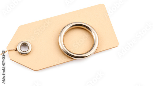 Grommet hole on label tag isolated. Metal, brass, steel, gold, silver eyelets. Banner washers, curtain clips. Grommet ring design. Chrome cringles. Card, label, tag earrings.