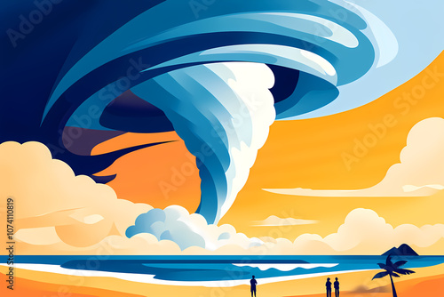 Waterspout Over the Ocean illustration of a waterspout spiralling over the ocean, with people observing from the shore under a sunset sky. The image showcases a natural phenomen