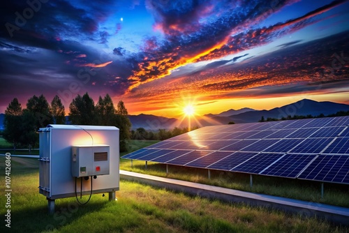 Night Photography of a Solar Panel Inverter System with Energy Meter Reading Illuminated by Soft LED Lights, Showcasing the Integration of Renewable Energy Technologies