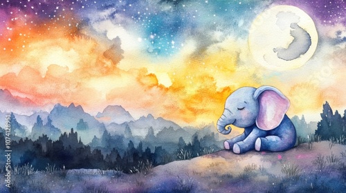 Baby elephant in pastel pajamas imagines cosmic adventures in a playful watercolor landscape