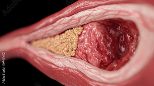 Detailed illustration of a blood vessel with a clot and plaque buildup.