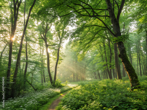 morning in the forest. forest, path, tree, nature, trees, road, green, landscape, summer, spring, wood, woods, park, foliage, mist, leaf, autumn, trail, way, leaves, lane, misty, sun, light, environme