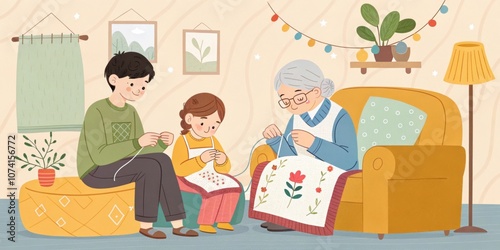 Grandmother, father, and daughter are embroidering together in their cozy living room, passing down traditional skills and enjoying quality family time