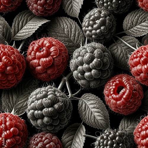 This composition features a variety of red and grey raspberries intermixed with lush green leaves highlighting their unique textures and colors beautifully