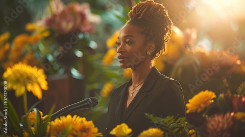 african American woman giving eulogy at outdoor funeral ceremony.