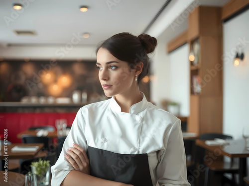 une belle jeune et à la peau métisse chef de cuisine qui regarde droit devant elle dans une salle de restaurant tendance et design sans toque sur la tête