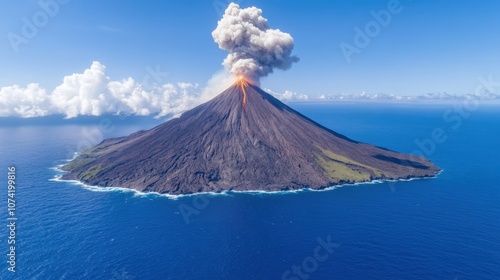 Volcano erupts dramatically over ocean, sending ash and smoke into blue sky during a bright, clear day on the coast