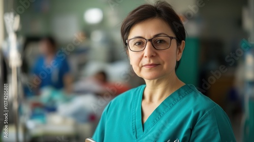 A portrait of a middle-aged Eastern European female nurse in scrubs, presenting a dedicated and confident demeanor within a hospital setting.