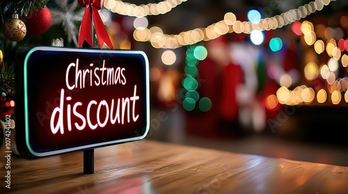 A festive sign announces a Christmas discount, surrounded by twinkling lights and holiday decorations, evoking a cheerful seasonal shopping atmosphere.