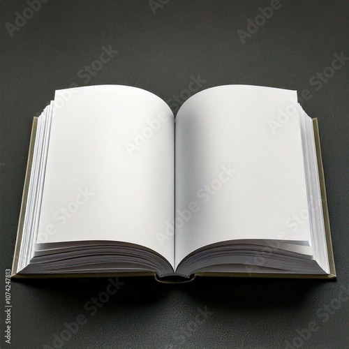 An open blank book with white pages on a dark textured surface, ideal for design mockups, writing concepts, or artistic layouts.