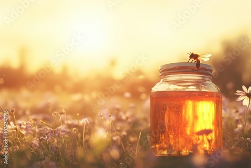 Honey jar with bees buzzing around, capturing the essence of fresh honey