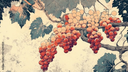 Vintage illustration of abundant clusters of red and white grapes hanging from an ancient vine in a warm setting