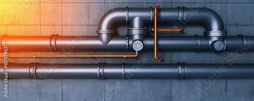 Aerial view of intricate pipeline system, crisscrossing pipes and valves, metallic sheen under sunlight, spacious, efficient layout, human-free, visually organized