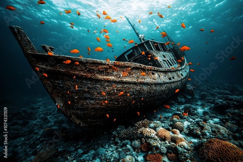 Worms-eye view of an ancient sunken ship, vibrant coral reefs intertwining with history, glowing bioluminescent creatures all around, discovering lost treasures and tales