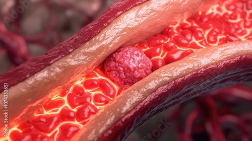 Close-up of blood vessel showcasing cells and plasma, vibrant red background.