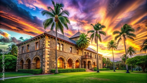 Long Exposure of Hawaiian and Polynesian Hall at Bishop Museum in Richardson Romanesque Style, Honolulu, O'ahu - Architectural Marvel in Hawaii