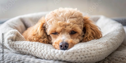 Poodle dog enjoying a peaceful siesta in a cozy bed , poodle, dog, sleeping, siesta, bed, relaxation, nap, cozy, domestic, pet