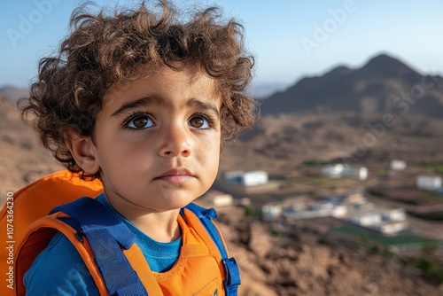 A young boy with curly hair wearing a life jacket