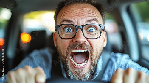 Angry man driving a car, expressing frustration while gripping the steering wheel.