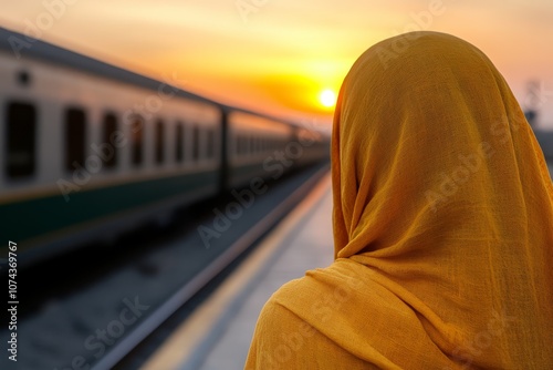 A woman in a yellow headscarf looking at a train