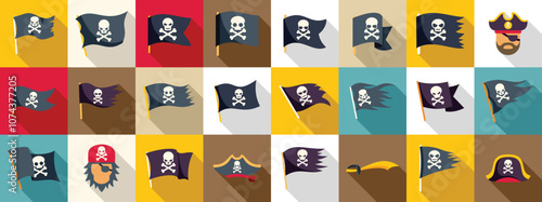 Jolly roger icons set. Set of pirate flags with skull and crossbones, jolly roger, tricorn hat, and cutlass icons