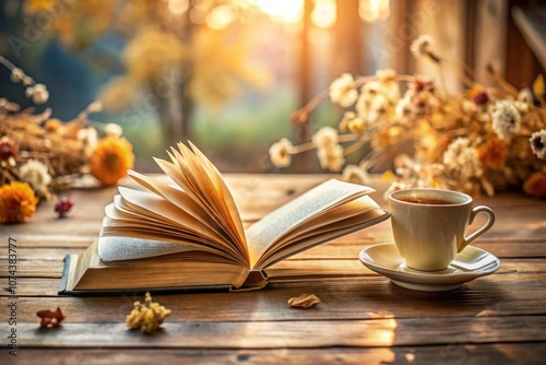 Panoramic View of an Open Book with Blank Pages on a Rustic Wooden Table