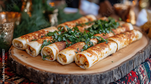 Cheese blini rolls with herb garnish, served on a wooden platter, festive Russian table setup