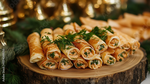 Cheese blini rolls with herb garnish, served on a wooden platter, festive Russian table setup