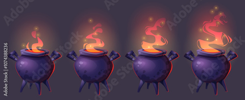 Boiling witch cauldron sprite set isolated on black background. Vector cartoon illustration of magic potion with hot orange steam cooking in old sorcery pot, evil witchcraft spell, Halloween party