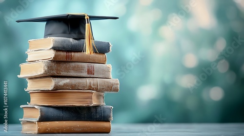 A stack of well worn books with a graduation cap perched precariously on top, symbolizing the culmination of years of knowledge and hard work.