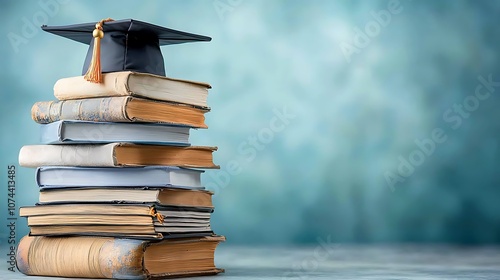 A stack of well worn books with a graduation cap perched precariously on top, symbolizing the culmination of years of knowledge and hard work.