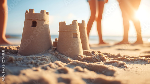 Family building sandcastles together on a beach, having fun under the sun as part of classic summer activities 