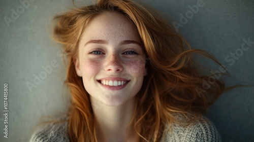 A young woman with freckles smiles warmly at the camera. Her red hair is styled in loose waves, adding to her relaxed and charming look.