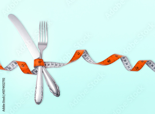 diet, lose weight and watch your weight: knife and fork wrapped with red tape measure, green background