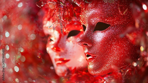 Carnival's revelry unfolds with Venetian masks adorned in shimmering red glitter. Vibrant streamers dance against an ethereal canvas of defocused bokeh lights, painting a vibrant spectacle.