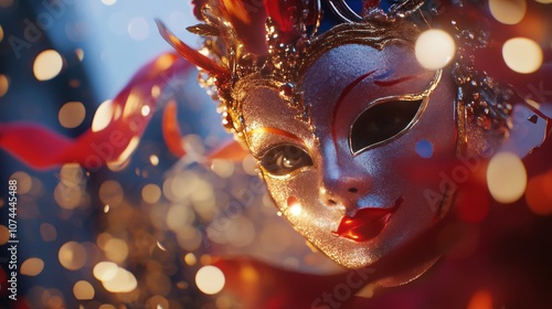 Carnival's revelry unfolds with Venetian masks adorned in shimmering red glitter. Vibrant streamers dance against an ethereal canvas of defocused bokeh lights, painting a vibrant spectacle.