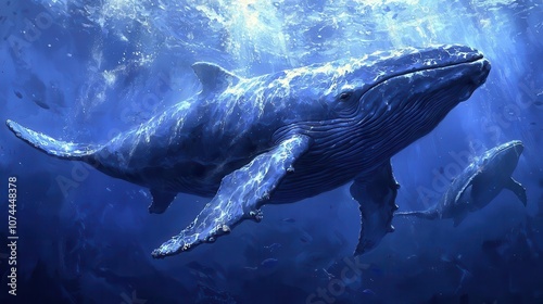 Majestic whales swimming gracefully in deep blue ocean waters.