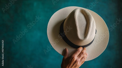 Hand displaying a stylish hat, fingers gently holding the brim to showcase the design.