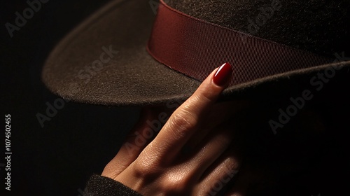 Hand displaying a stylish hat, fingers gently holding the brim to showcase the design.