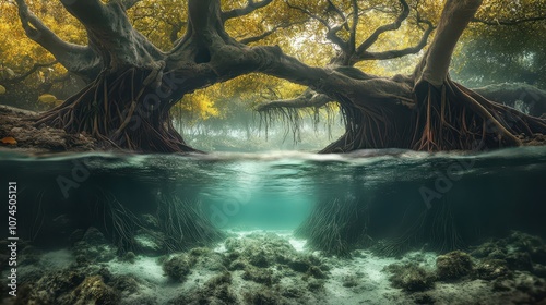 Ancient Mangrove Forest at High Tide: Intricate Roots and Crystal Clear Waters in a Split Shot, Capturing Both Above and Below Elements in National Geographic Style.